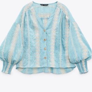Zara Smocked Ballon Sleeve Embroidered Button down Shirt Size XS